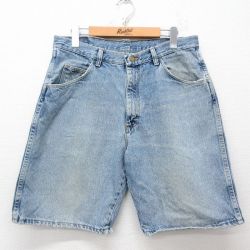 W32★古着 ラングラー Wrangler ショート パンツ ショーツ メンズ 00年代 00s ヒゲ コットン 紺 ネイビー デニム 25may08 中古 ボトムス 短パン ショーパン ハーフ