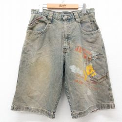 W33★古着 ハーフ パンツ ショーツ メンズ FOX コットン 紺 ネイビー デニム 25may08 中古 ボトムス 短パン ショーパン ショート