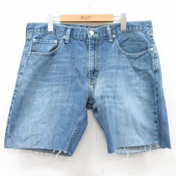W38★古着 リーバイス Levis ショート パンツ ショーツ メンズ ヒゲ コットン 紺 ネイビー デニム 25may10 中古 ボトムス 短パン ショーパン ハーフ