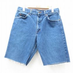 【50%OFF】W33★古着 リー Lee ショート パンツ ショーツ メンズ 90年代 90s コットン USA製 紺 ネイビー デニム 25may12 中古 ボトムス 短パン ショーパン ハーフ