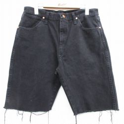 W33★古着 ラングラー Wrangler ショート パンツ ショーツ メンズ コットン 黒 ブラック デニム 25may14 中古 ボトムス 短パン ショーパン ハーフ