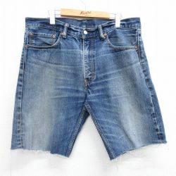 W37★古着 リーバイス Levis ショート パンツ ショーツ メンズ ヒゲ コットン 紺 ネイビー デニム 25may14 中古 ボトムス 短パン ショーパン ハーフ