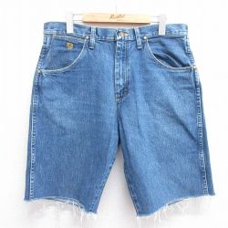 W35★古着 ラングラー Wrangler ショート パンツ ショーツ メンズ コットン 紺 ネイビー デニム 25may14 中古 ボトムス 短パン ショーパン ハーフ