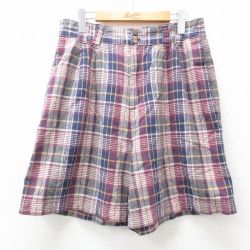 W35★古着 ショート パンツ ショーツ メンズ 90年代 90s リネン 紺他 ネイビー チェック 25may16 中古 ボトムス 短パン ショーパン ハーフ