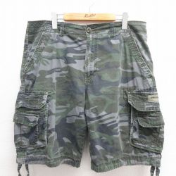 W38★古着 ユニオンベイ ショート カーゴ パンツ ショーツ メンズ コットン 緑 グリーン 迷彩 25may26 中古 ボトムス 短パン ショーパン