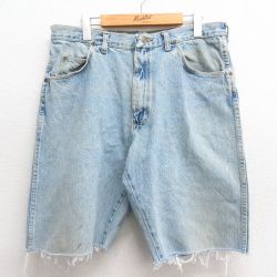 W35★古着 ラングラー Wrangler ショート パンツ ショーツ メンズ 90年代 90s コットン USA製 薄紺 ネイビー デニム 25may26 中古 ボトムス 短パン ショーパン ハーフ