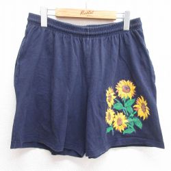 W36★古着 ショート イージー パンツ ショーツ メンズ 90年代 90s ヒマワリ コットン USA製 紺 ネイビー 25may30 中古 ボトムス 短パン ショーパン