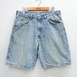 W33★古着 ラングラー Wrangler ショート パンツ ショーツ メンズ コットン 薄紺 ネイビー デニム 25may30 中古 ボトムス 短パン ショーパン ハーフ