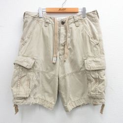W35★古着 アバクロンビー Abercrombie&fitch ショート カーゴ パンツ ショーツ メンズ コットン 薄ベージュ カーキ 25may30 中古 ボトムス 短パン ショーパン