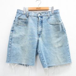 W33★古着 ゲス GUESS ブランド ショート パンツ ショーツ メンズ 90年代 90s ヒゲ コットン USA製 薄紺 ネイビー デニム 【spe】 25may31 中古 ボトムス 短パン ショーパン ハーフ