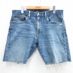 W34★古着 ラルフローレン Ralph Lauren ブランド ショート パンツ ショーツ メンズ ヒゲ 紺 ネイビー デニム 25may31 中古 ボトムス 短パン ショーパン ハーフ