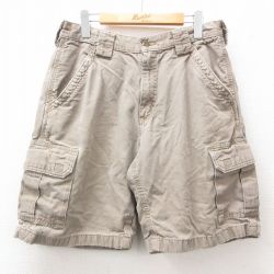 W32★古着 カーハート Carhartt ショート カーゴ パンツ ショーツ メンズ ワンポイントロゴ ダック地 薄茶 ブラウン 25jun11 中古 ボトムス 短パン ショーパン