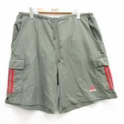W36★古着 アディダス adidas ショート ナイロン カーゴ パンツ ショーツ メンズ 90年代 90s ワンポイントロゴ 濃緑 グリーン 3本ライン 【spe】 25jun13 中古 ボトムス 短パン ショーパン