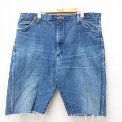 【20%OFF】W41★古着 ラングラー Wrangler ショート パンツ ショーツ メンズ ヒゲ 大きいサイズ コットン 紺 ネイビー デニム 25jun13 中古 ボトムス 短パン ショーパン ハーフ