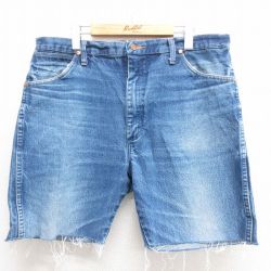 W36★古着 ラングラー Wrangler ショート パンツ ショーツ メンズ ヒゲ コットン 紺 ネイビー デニム 25jun17 中古 ボトムス 短パン ショーパン ハーフ