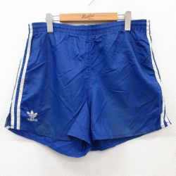 W35★古着 アディダス adidas ショート トレーニング パンツ ショーツ メンズ 90年代 90s ワンポイントロゴ リーフ トレフォイル USA製 青 ブルー 3本ライン 【spe】 25jun18 中古 ボトムス 短パン ショーパン
