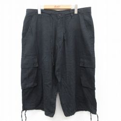 W38★古着 ショート カーゴ パンツ ショーツ メンズ リネン 黒 ブラック 25jun18 中古 ボトムス 短パン ショーパン