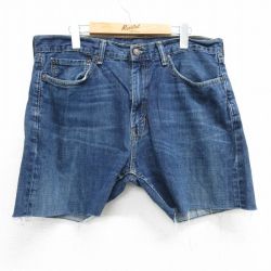 W36★古着 リーバイス Levis 505 ショート パンツ ショーツ メンズ ヒゲ コットン 紺 ネイビー デニム 25jun21 中古 ボトムス 短パン ショーパン ハーフ
