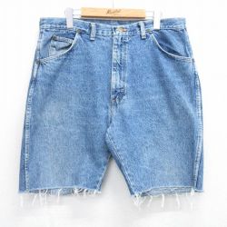 W38★古着 ラングラー Wrangler ショート パンツ ショーツ メンズ 90年代 90s ヒゲ コットン USA製 紺 ネイビー デニム 【spe】 25jun23 中古 ボトムス 短パン ショーパン ハーフ
