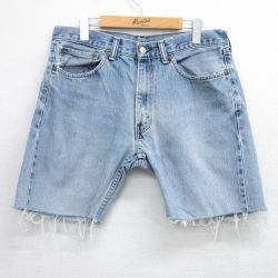 W34★古着 リーバイス Levis 505 ショート パンツ ショーツ メンズ ヒゲ コットン 紺 ネイビー デニム 25jun23 中古 ボトムス 短パン ショーパン ハーフ
