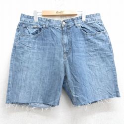 W35★古着 ショート パンツ ショーツ メンズ ヒゲ コットン 紺 ネイビー デニム 25jun25 中古 ボトムス 短パン ショーパン ハーフ