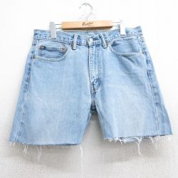 W34★古着 リーバイス Levis 505 ショート パンツ ショーツ メンズ ヒゲ コットン 薄紺 ネイビー デニム 25jun25 中古 ボトムス 短パン ショーパン ハーフ