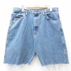 W35★古着 ラングラー Wrangler ショート パンツ ショーツ メンズ コットン 紺 ネイビー デニム 25jun27 中古 ボトムス 短パン ショーパン ハーフ