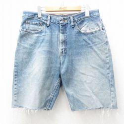 W34★古着 ラングラー Wrangler ショート パンツ ショーツ メンズ ヒゲ コットン 紺 ネイビー デニム 25jun27 中古 ボトムス 短パン ショーパン ハーフ