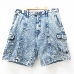 W35★古着 ショート カーゴ パンツ ショーツ メンズ ケミカルウォッシュ コットン 紺 ネイビー デニム 【spe】 25jun27 中古 ボトムス 短パン ショーパン