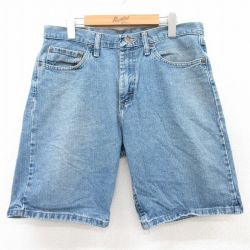 W34★古着 ラングラー Wrangler ショート パンツ ショーツ メンズ コットン 紺 ネイビー デニム 25jul03 中古 ボトムス 短パン ショーパン ハーフ