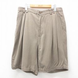 W33★古着 ショート パンツ ショーツ メンズ シルク 濃ベージュ カーキ 25jul04 中古 ボトムス 短パン ショーパン ハーフ