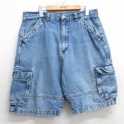 W36★古着 ラングラー Wrangler ショート カーゴ パンツ ショーツ メンズ 紺 ネイビー デニム 【spe】 25jul05 中古 ボトムス 短パン ショーパン