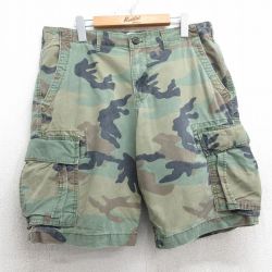 W34★古着 ギャップ GAP ショート カーゴ パンツ ショーツ メンズ 00年代 00s ウッドランドカモ コットン 濃緑 グリーン 迷彩 25jul05 中古 ボトムス 短パン ショーパン