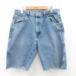 【50%OFF】W33★古着 ラングラー Wrangler ショート パンツ ショーツ メンズ コットン 紺 ネイビー デニム 25jul07 中古 ボトムス 短パン ショーパン ハーフ