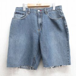 【50%OFF】W33★古着 トミーヒルフィガー TOMMY HILFIGER ブランド ショート パンツ ショーツ メンズ ワンポイントロゴ リネン 紺 ネイビー デニム 25jul08 中古 ボトムス 短パン ショーパン ハーフ