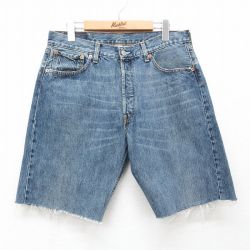 【20%OFF】W33★古着 リーバイス Levis 501 ショート パンツ ショーツ メンズ ヒゲ コットン 紺 ネイビー デニム 25jul10 中古 ボトムス 短パン ショーパン ハーフ
