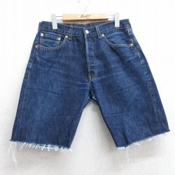 W32★古着 リーバイス Levis 501 ショート パンツ ショーツ メンズ ヒゲ コットン 濃紺 ネイビー デニム 25jul10 中古 ボトムス 短パン ショーパン ハーフ