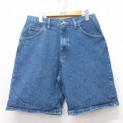 W32★古着 ラングラー Wrangler ショート パンツ ショーツ メンズ コットン 紺 ネイビー デニム 25jul17 中古 ボトムス 短パン ショーパン ハーフ