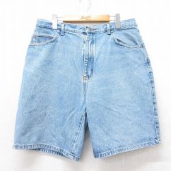 W36★古着 ショート パンツ ショーツ メンズ 80年代 80s ヒゲ コットン タロン 紺 ネイビー デニム 25jul17 中古 ボトムス 短パン ショーパン ハーフ