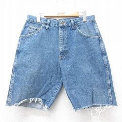 W32★古着 ラングラー Wrangler ショート パンツ ショーツ メンズ コットン 紺 ネイビー デニム 25jul17 中古 ボトムス 短パン ショーパン ハーフ