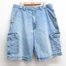 W35★古着 ラングラー Wrangler ショート カーゴ パンツ ショーツ メンズ コットン 薄紺 ネイビー デニム 25jul18 中古 ボトムス 短パン ショーパン