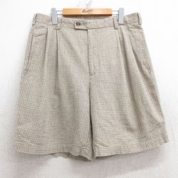 W34★古着 バンヒューセン ショート パンツ ショーツ メンズ リネン ベージュ他 カーキ チェック 25jul30 中古 ボトムス 短パン ショーパン ハーフ