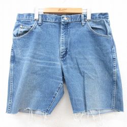 W38★古着 ラングラー Wrangler ショート パンツ ショーツ メンズ ヒゲ コットン 紺 ネイビー デニム 25aug05 中古 ボトムス 短パン ショーパン ハーフ