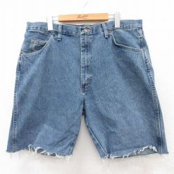 【20%OFF】W38★古着 ラングラー Wrangler ショート パンツ ショーツ メンズ コットン 紺 ネイビー デニム 25aug05 中古 ボトムス 短パン ショーパン ハーフ