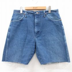 【20%OFF】W35★古着 ラングラー Wrangler ショート パンツ ショーツ メンズ ヒゲ コットン 紺 ネイビー デニム 25aug05 中古 ボトムス 短パン ショーパン ハーフ