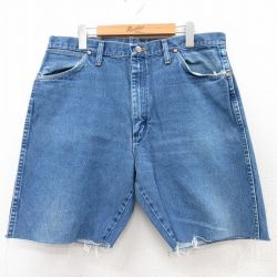 W36★古着 ラングラー Wrangler ショート パンツ ショーツ メンズ ヒゲ コットン 紺 ネイビー デニム 25aug05 中古 ボトムス 短パン ショーパン ハーフ
