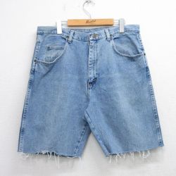 W34★古着 ラングラー Wrangler ショート パンツ ショーツ メンズ ヒゲ コットン 紺 ネイビー デニム 25aug06 中古 ボトムス 短パン ショーパン ハーフ