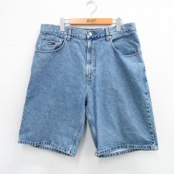 【50%OFF】W36★古着 トミーヒルフィガー TOMMY HILFIGER ブランド ショート パンツ ショーツ メンズ 90年代 90s ワンポイントロゴ コットン 紺 ネイビー デニム 25aug12 中古 ボトムス 短パン ショーパン ハーフ