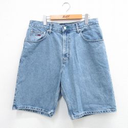 【20%OFF】W36★古着 トミーヒルフィガー TOMMY HILFIGER ブランド ショート パンツ ショーツ メンズ 90年代 90s ワンポイントロゴ コットン 紺 ネイビー デニム 25aug12 中古 ボトムス 短パン ショーパン ハーフ