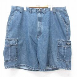 【20%OFF】W44★古着 ラングラー Wrangler ショート カーゴ パンツ ショーツ メンズ 大きいサイズ 紺 ネイビー デニム 【spe】 25aug28 中古 ボトムス 短パン ショーパン